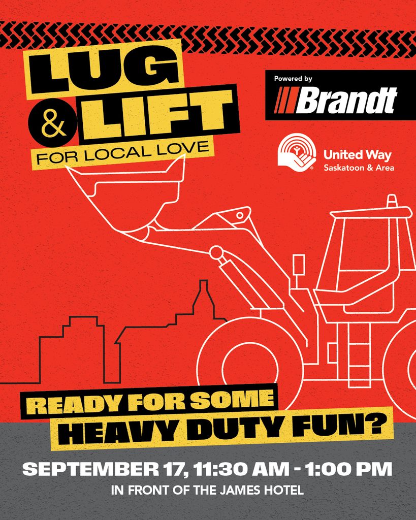 Poster promoting a community bbq on Sept 17, 2026, from 11:30am to 1pm in front of the James Hotel. The event includes an essentials drive called Lug and Lift. Graphic includes a cityscape and line drawing of a wheel loader.